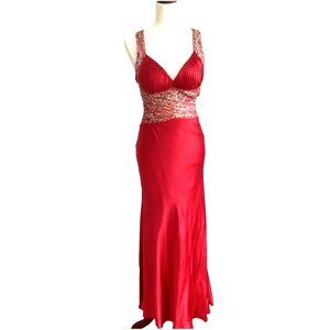 Jovani Red Sequin Embellished Satin 100% Silk Maxi Dress Gown Size 4